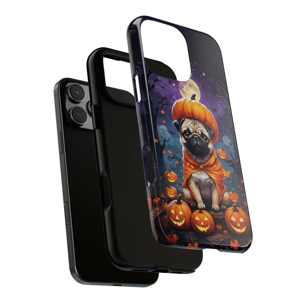 Phone case with a pug in a pumpkin costume and pumpkins design on a white background