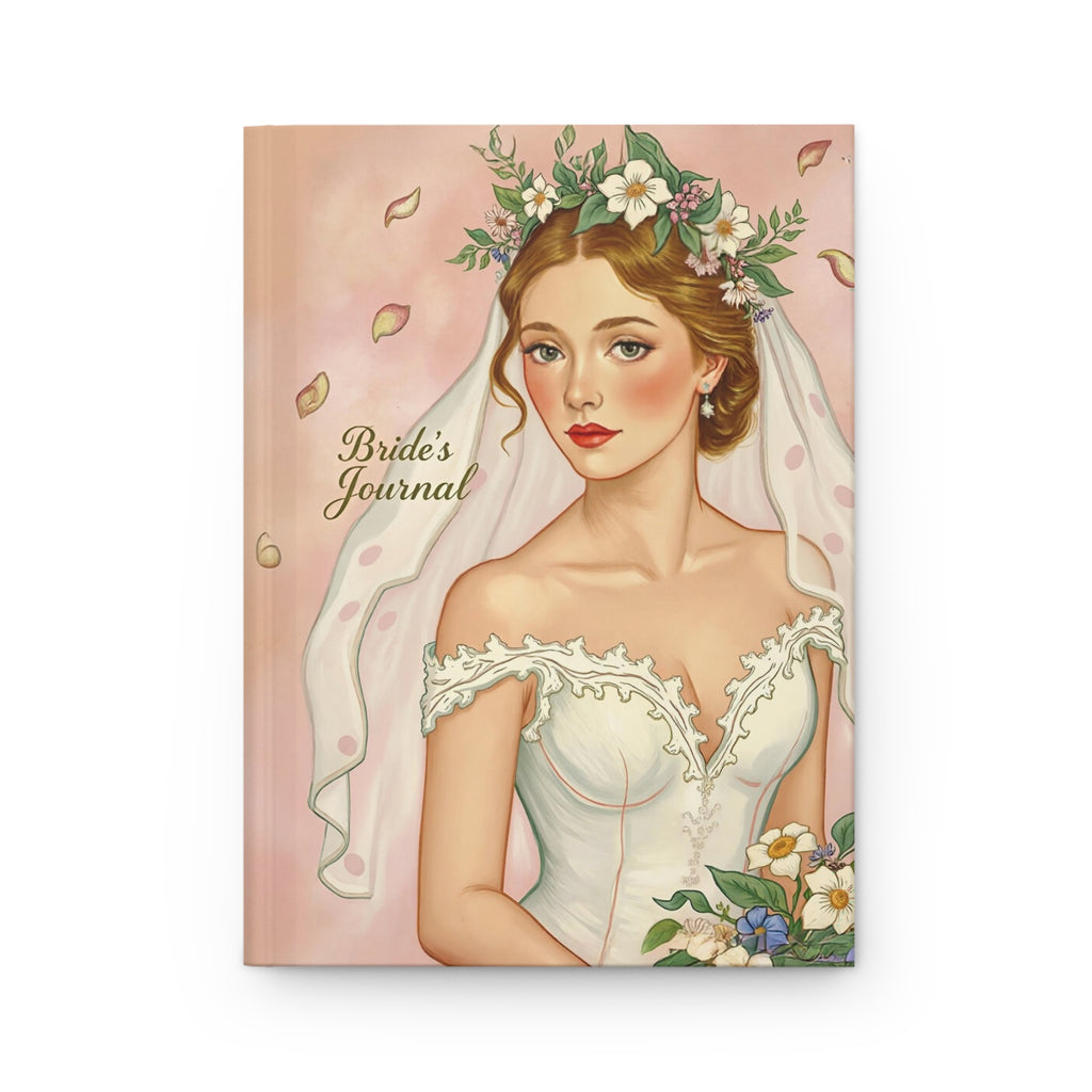 Journal cover with illustration of a bride wearing a floral headpiece and veil, on a pink background.