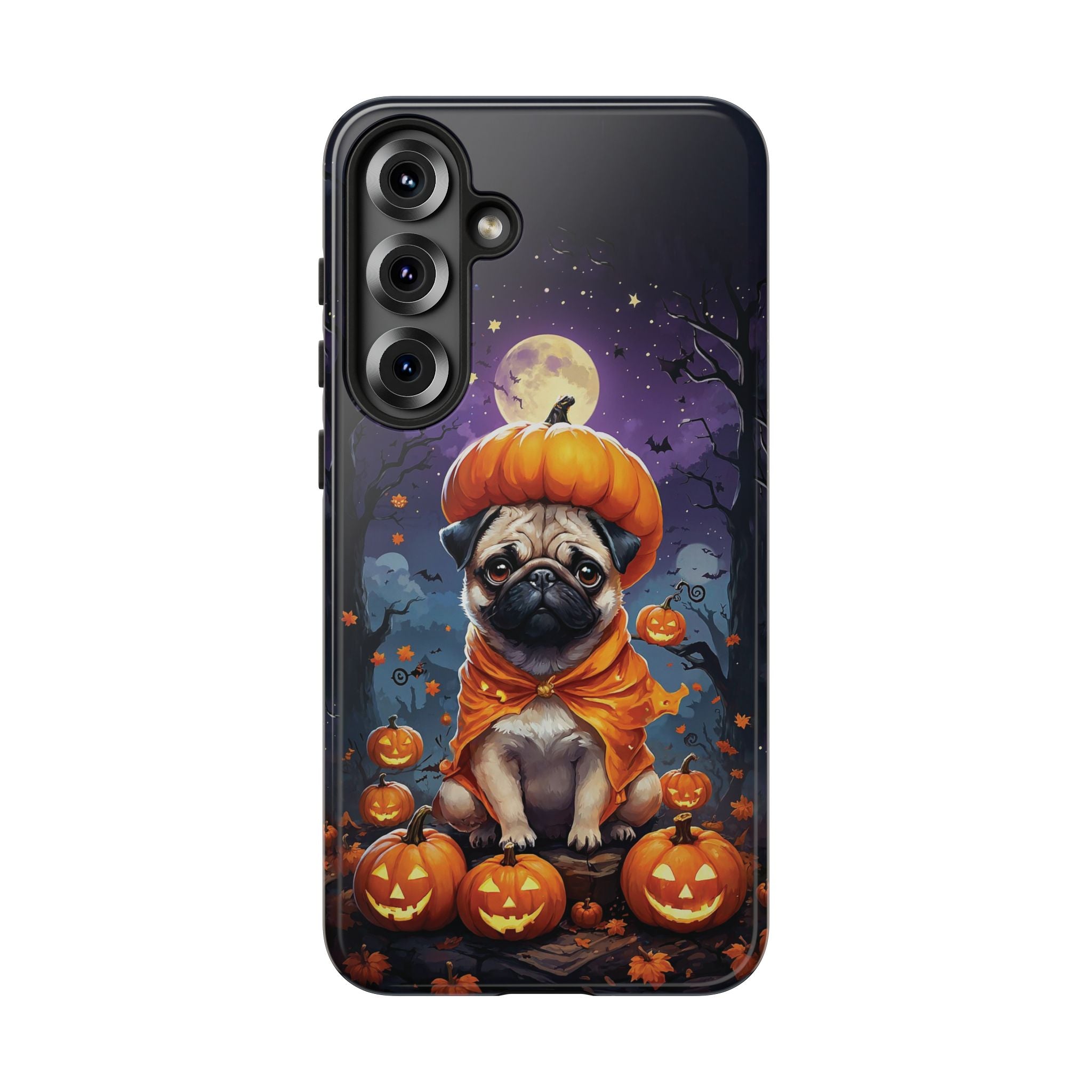 Phone case with a pug in an orange costume sitting on pumpkins against a Halloween-themed background