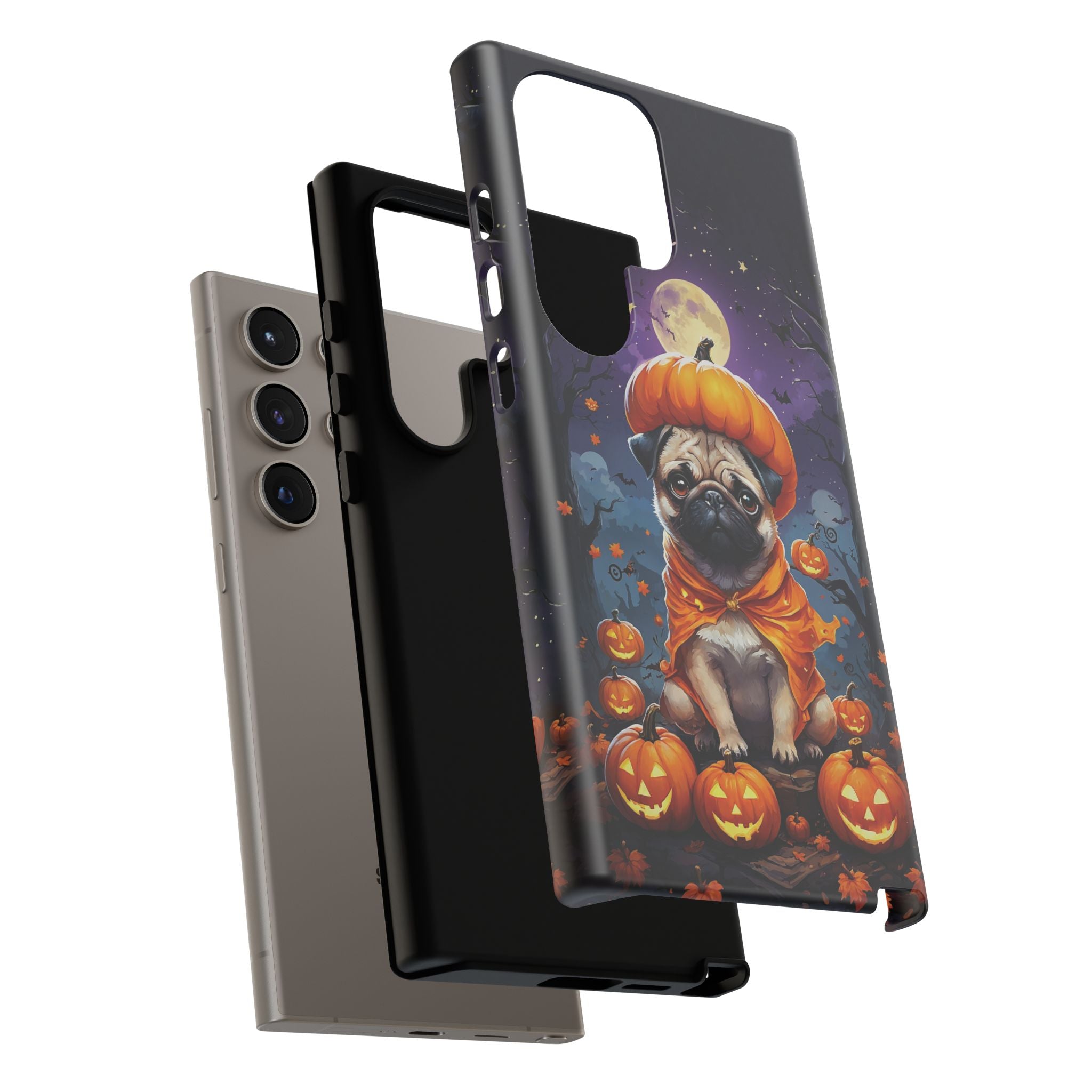 Phone case with a pug in an orange outfit and pumpkins design on a white background