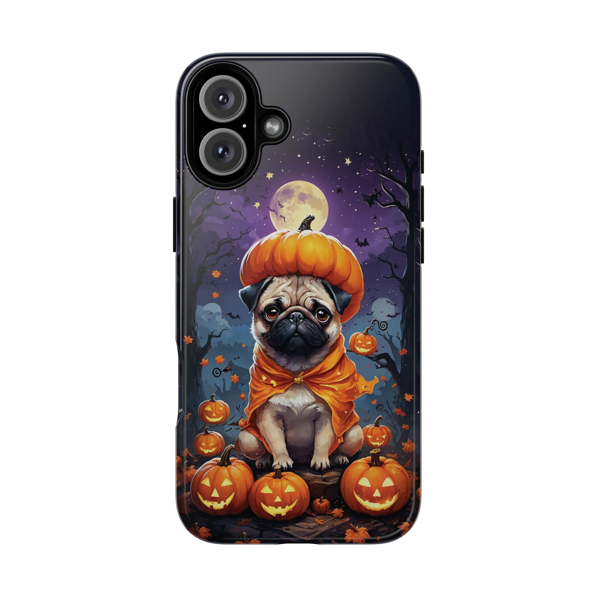 Phone case with a pug in a pumpkin costume on a Halloween-themed background