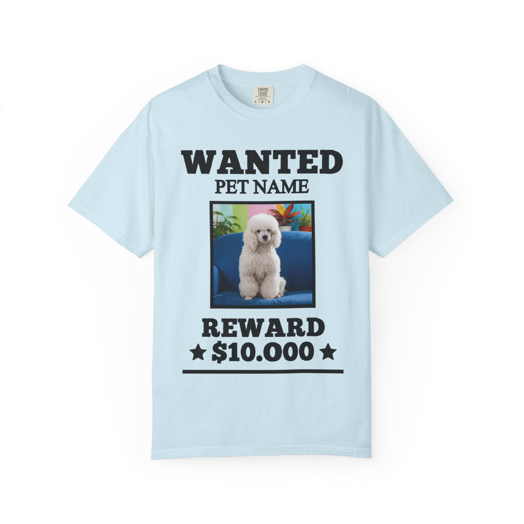 Light blue t-shirt with a dog graphic and text on a white background