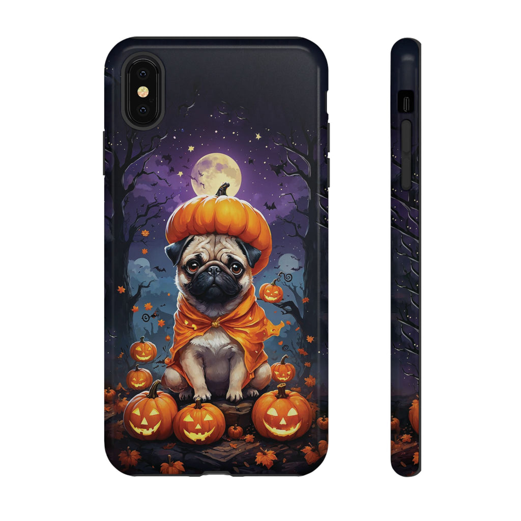 Phone case with a pug in a pumpkin costume on a Halloween-themed background