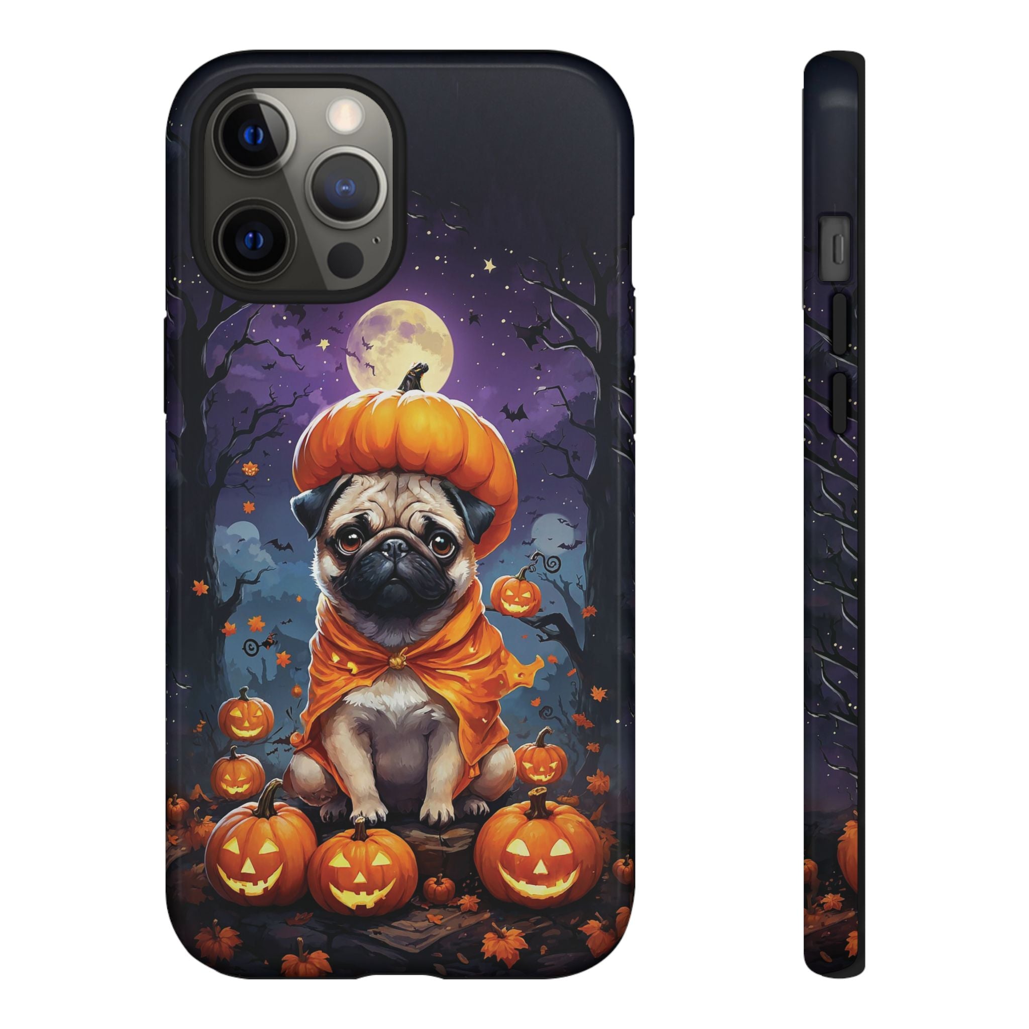 Phone case with a pug in an orange outfit sitting on pumpkins against a Halloween-themed background.