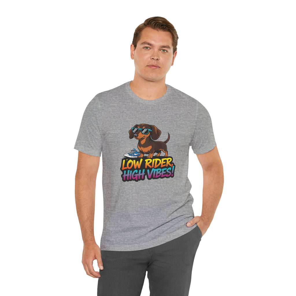 Man wearing a gray t-shirt with a dachshund graphic and text 'Low Rider High Vibes' on a white background