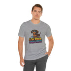 Man wearing a gray t-shirt with a dachshund graphic and text 'Low Rider High Vibes' on a white background