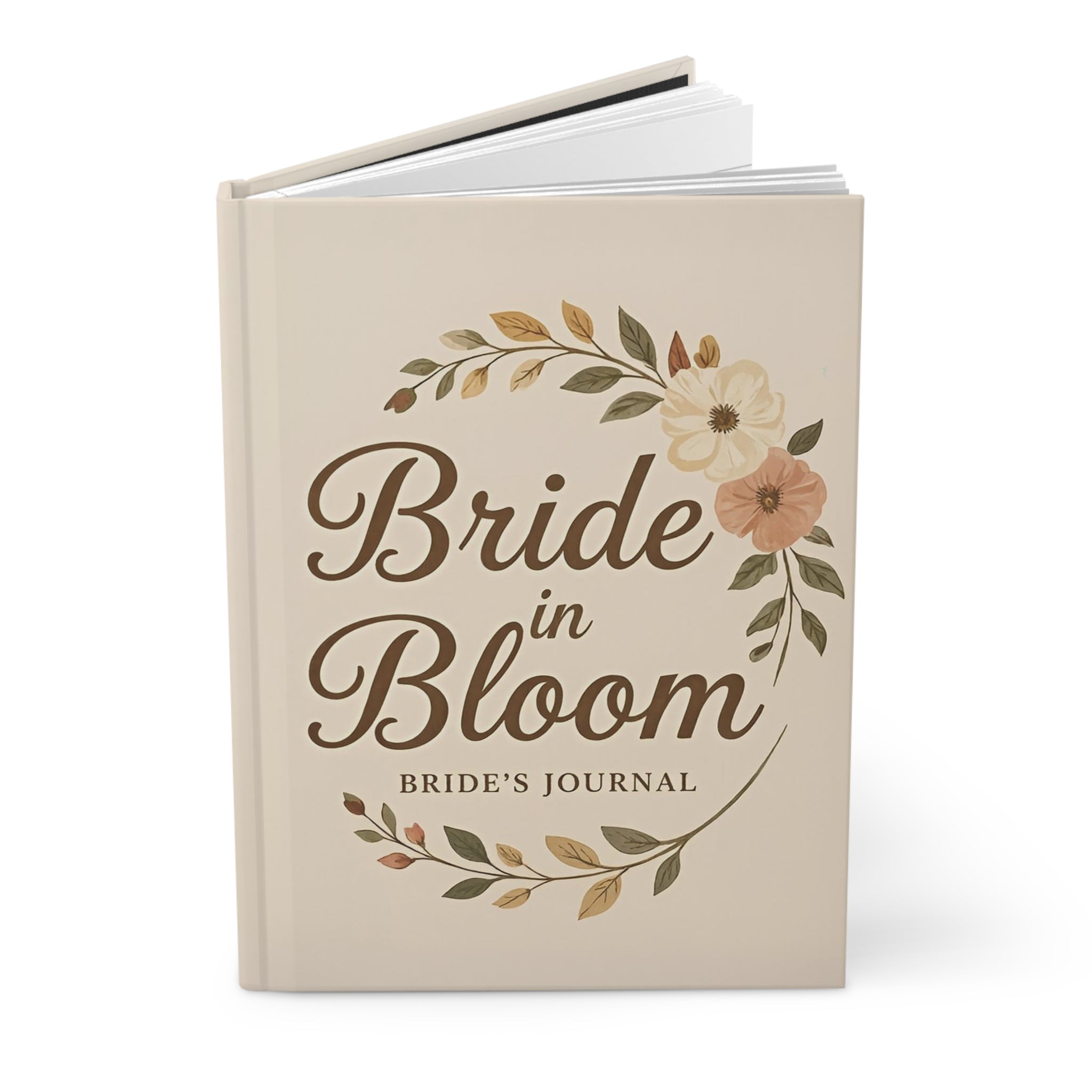 Bride's journal titled 'Bride in Bloom' with floral design on a beige background