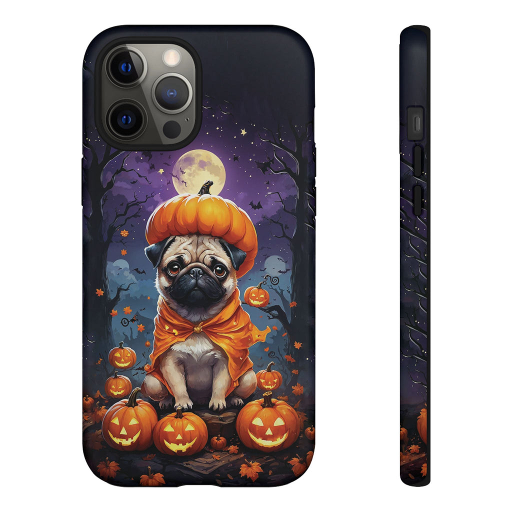 Phone case with a pug in an orange outfit sitting among pumpkins on a Halloween-themed background