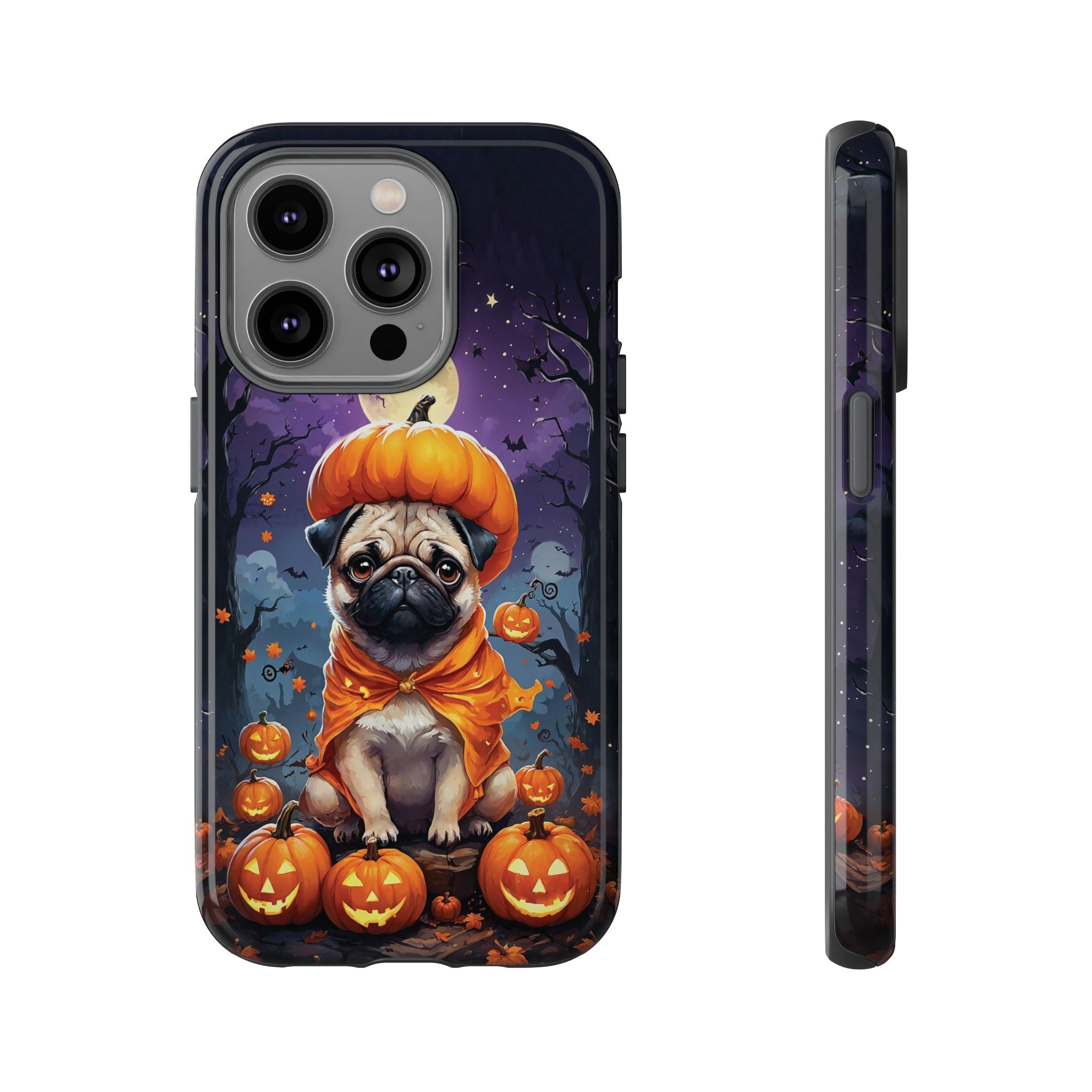 Phone case with a pug in an orange costume sitting on pumpkins against a Halloween-themed background.