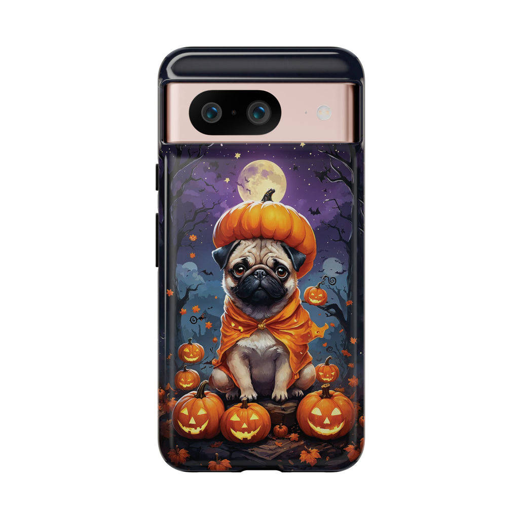 Phone case with a pug in a pumpkin costume on a Halloween-themed background