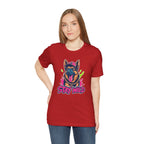 Person wearing a red t-shirt with a dog graphic and 'Stay Wild' text on a white background