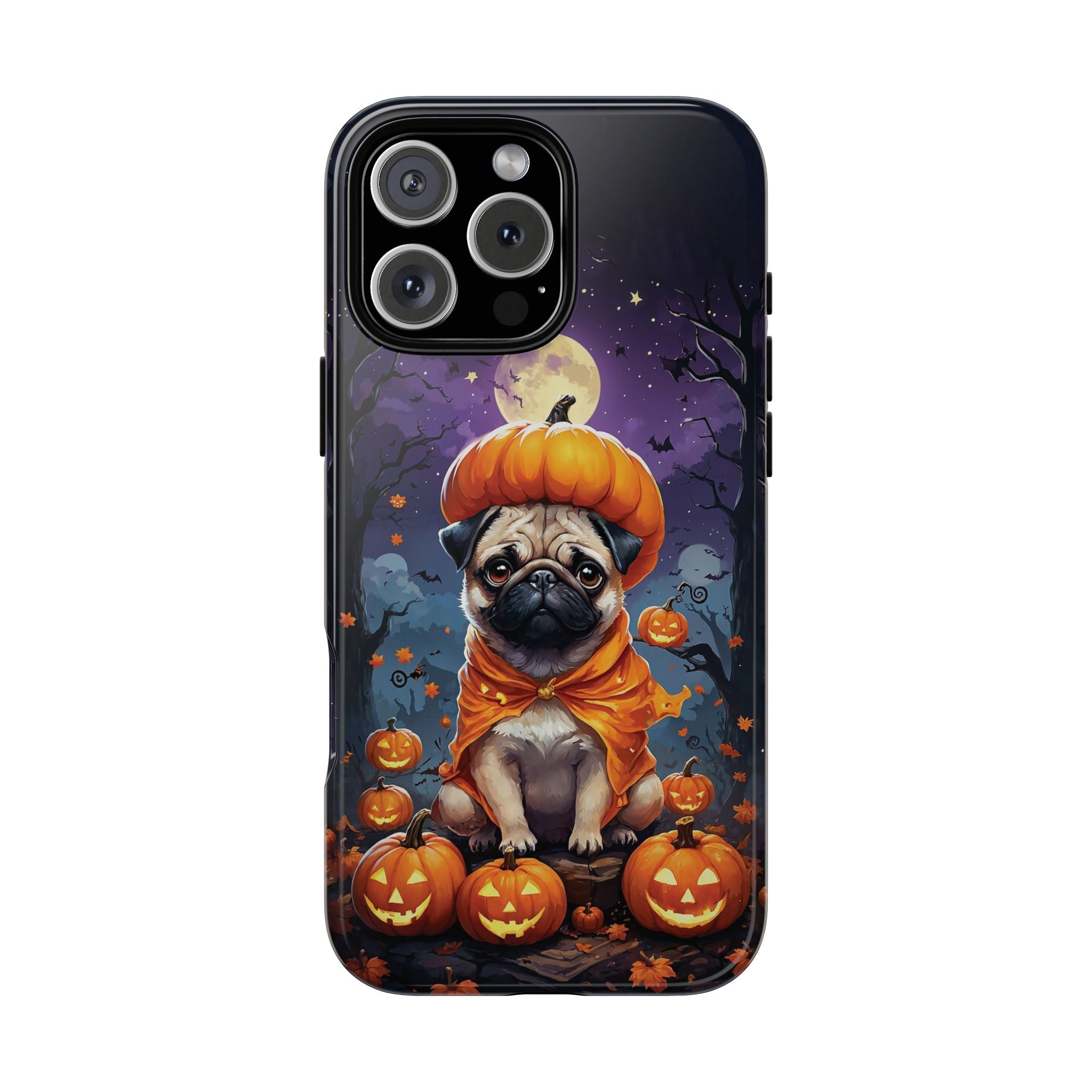 Phone case with a pug in an orange costume sitting on pumpkins against a Halloween-themed background.
