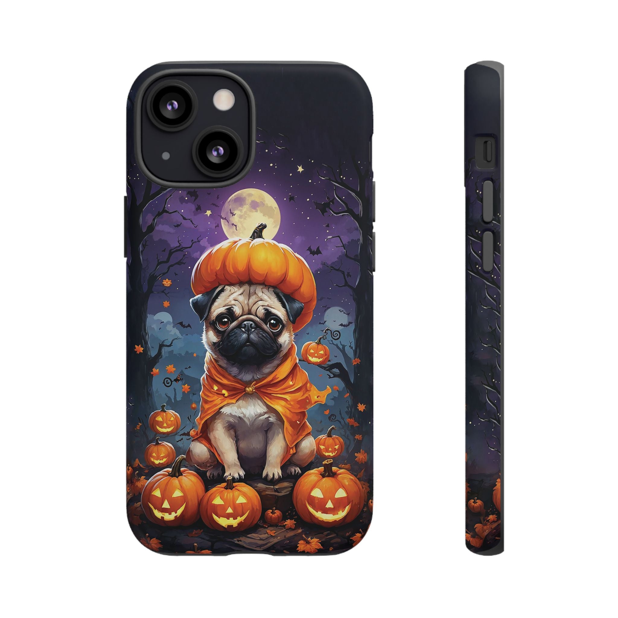 Phone case with a pug in an orange outfit sitting on pumpkins against a Halloween-themed background
