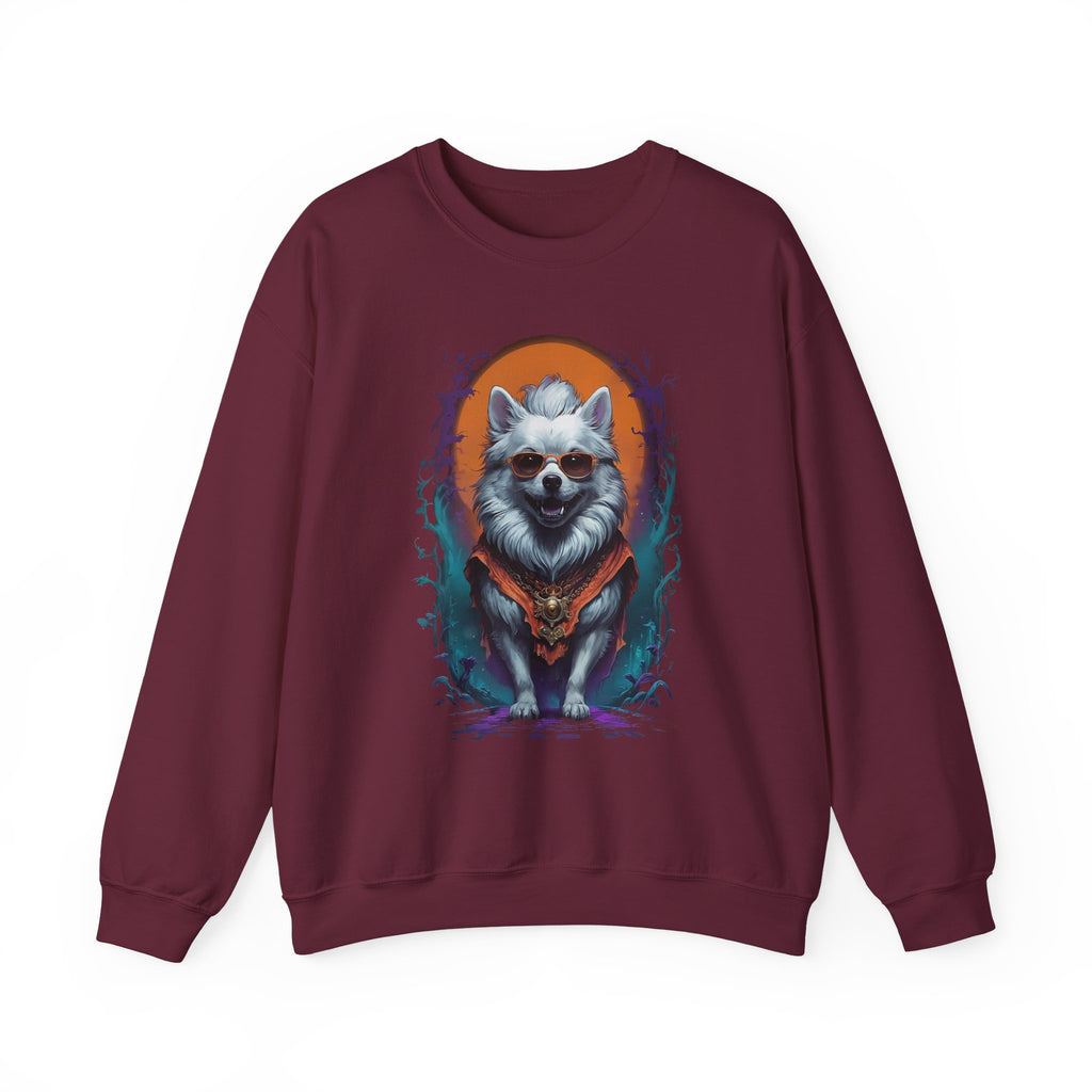 Maroon sweatshirt with a graphic of a dog on a white background