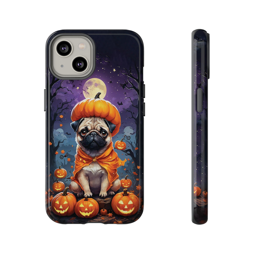 Phone case with a pug in an orange costume on a pumpkin, surrounded by pumpkins and bats against a dark blue sky.