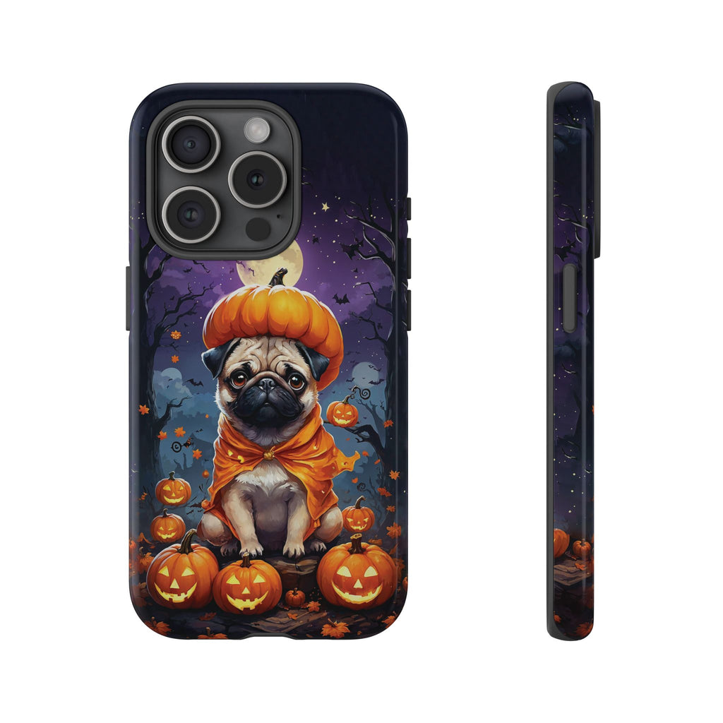 Phone case with a pug in an orange costume on a pumpkin, surrounded by pumpkins and ghosts on a dark background