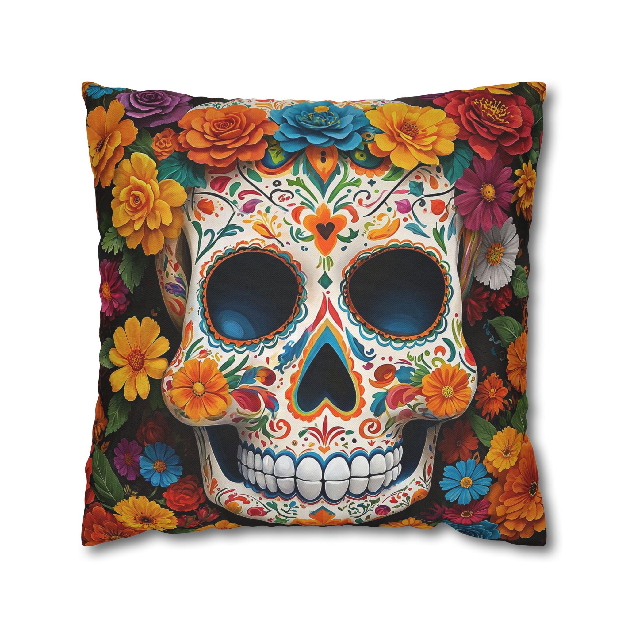 Decorative pillow with a colorful skull design and floral patterns 