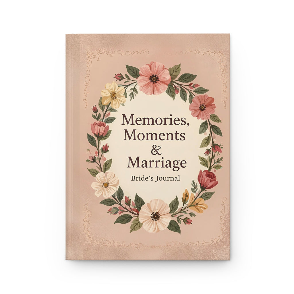 Journal titled 'Memories, Moments & Marriage' with floral design on a beige background