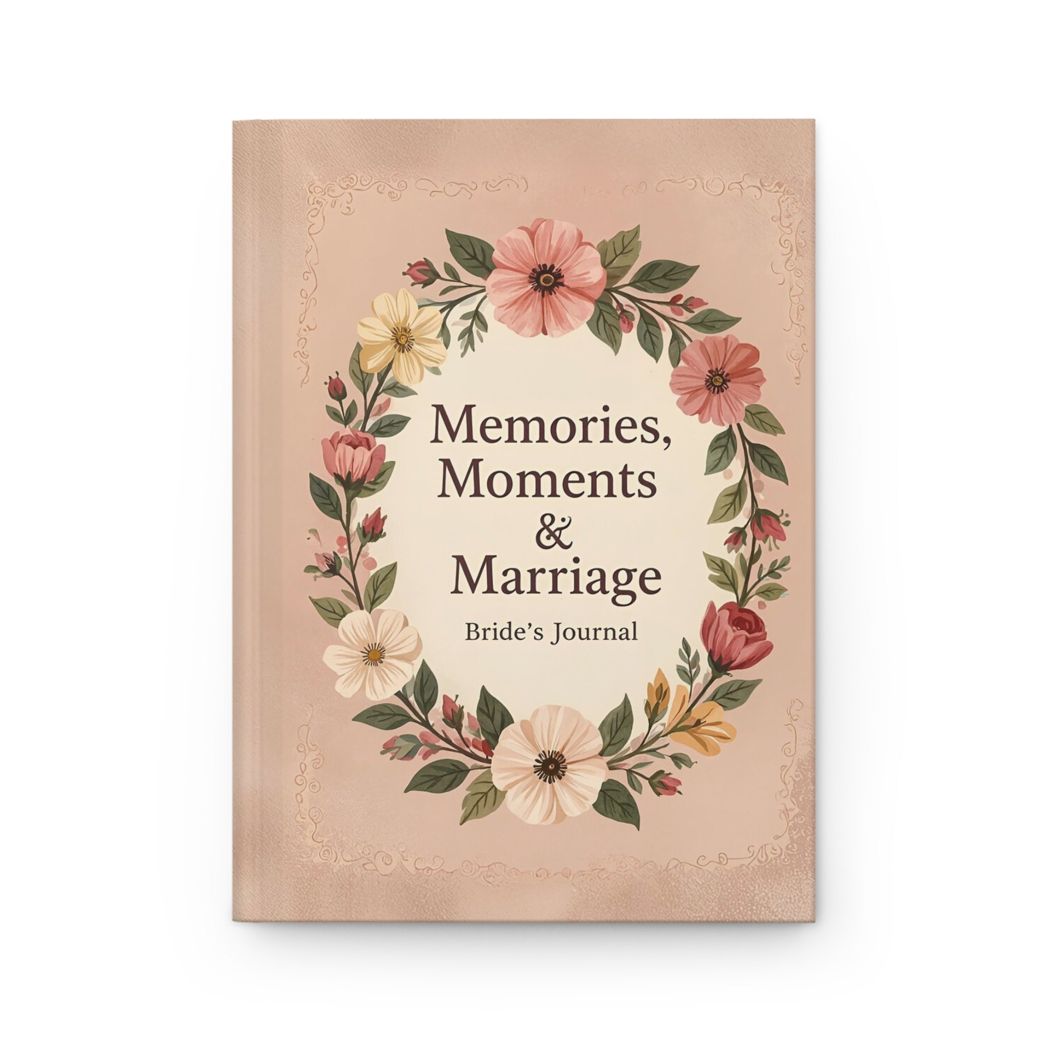 Journal titled 'Memories, Moments & Marriage' with floral design on a beige background