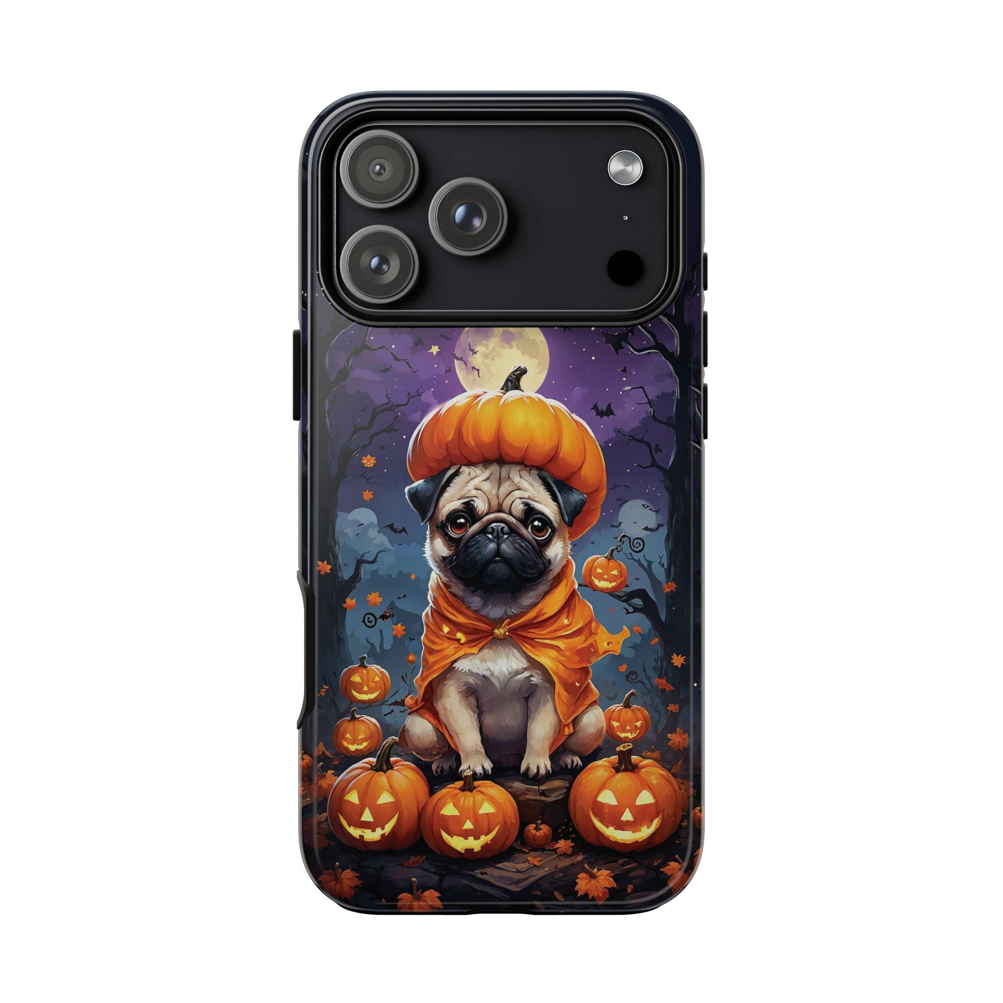 Phone case with a pug in a pumpkin costume surrounded by pumpkins on a dark background