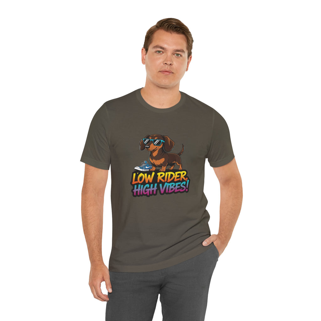 Man wearing a t-shirt with a dachshund graphic and text 'Low Rider High Vibes' on a white background