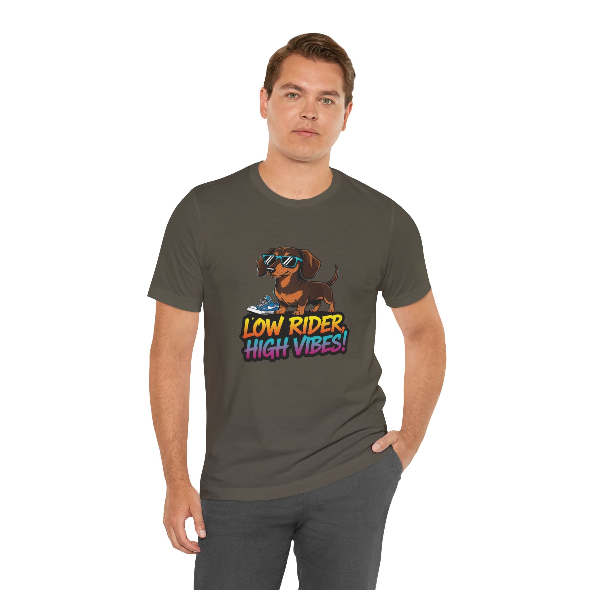 Man wearing a t-shirt with a dachshund graphic and text 'Low Rider High Vibes' on a white background