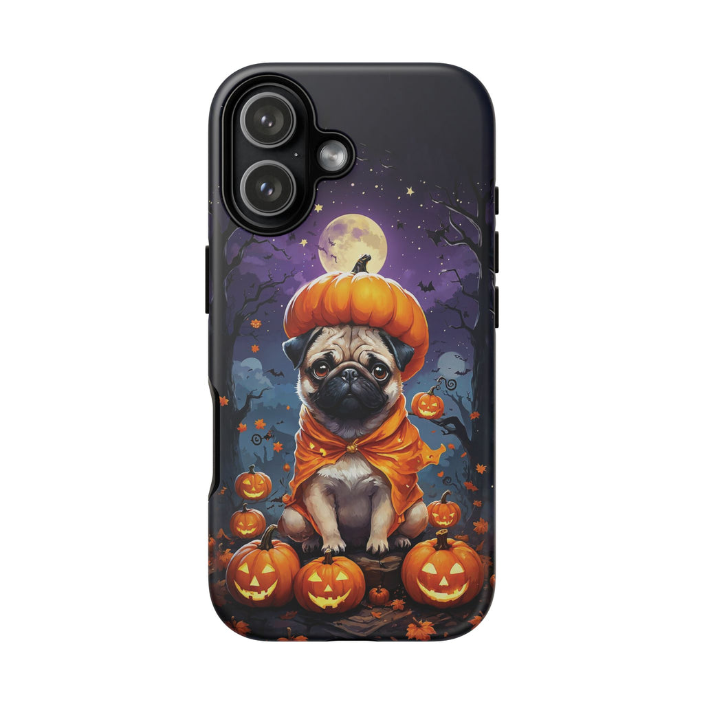 Phone case with a pug in an orange costume sitting on pumpkins against a Halloween-themed background.