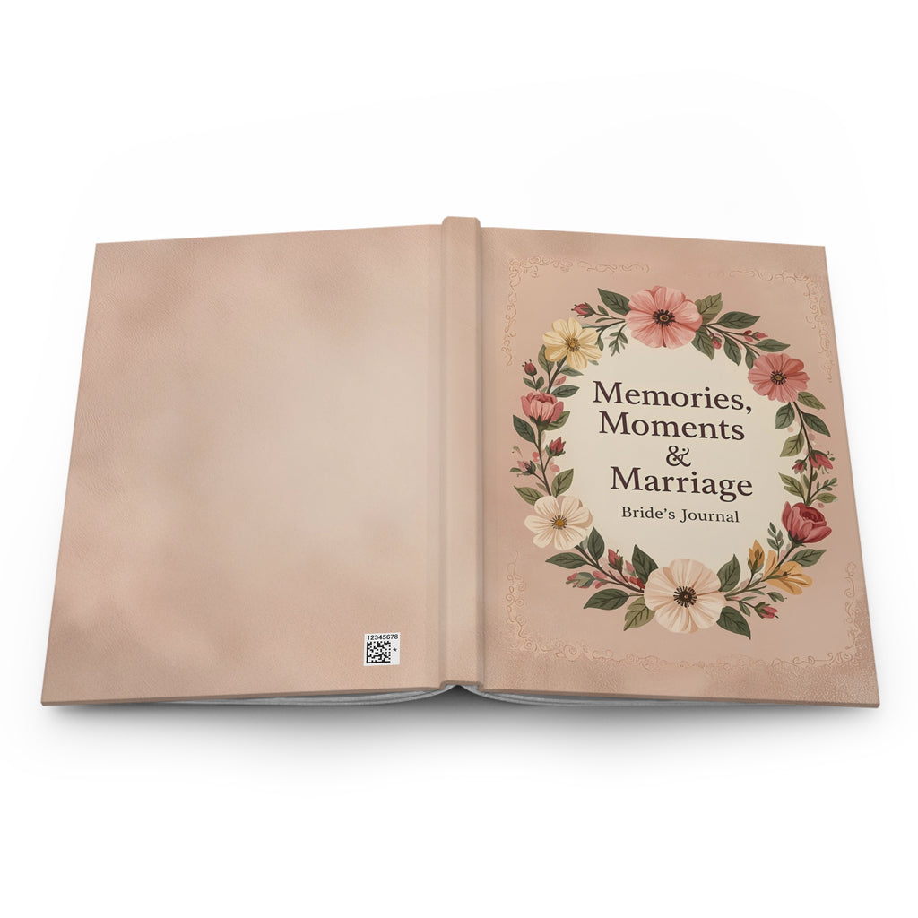 Open book titled 'Memories, Moments & Marriage: Bride's Journal' with floral design on a white background