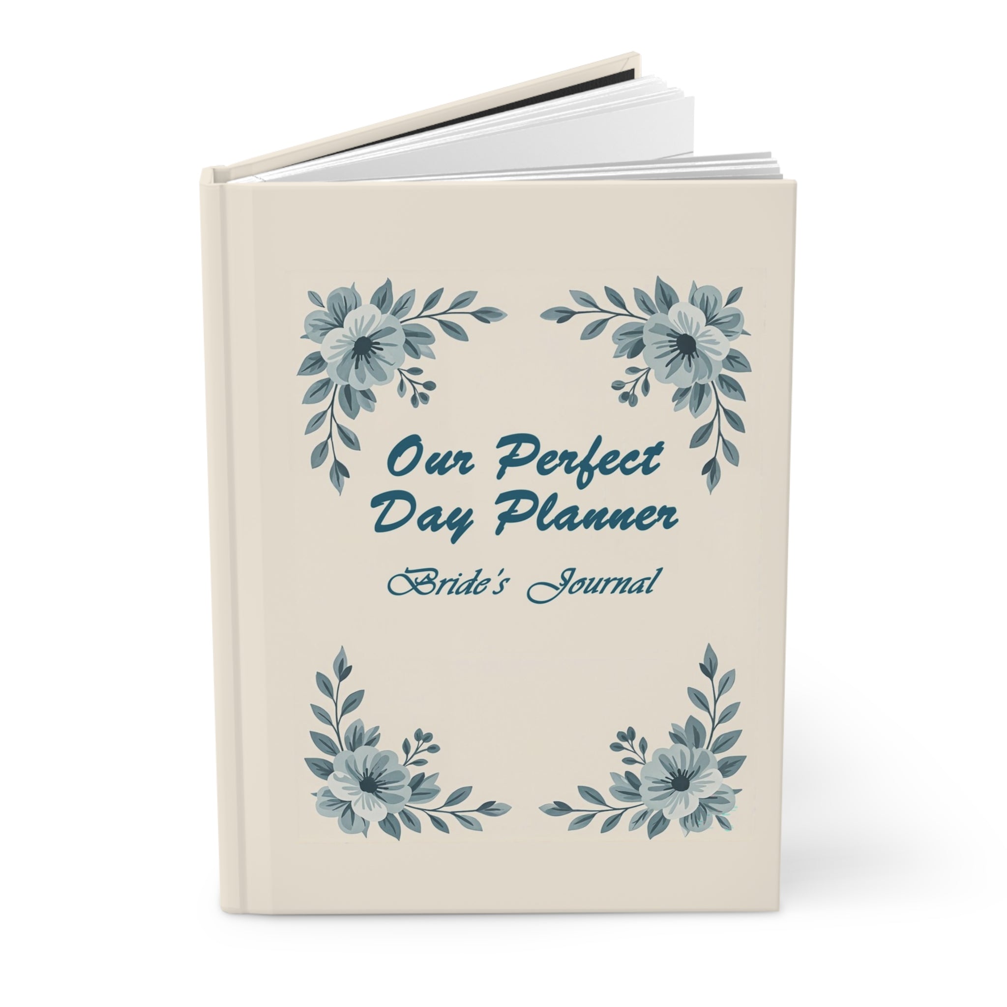 Beige planner with blue floral designs and text on a white background