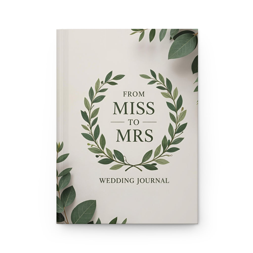 Wedding journal titled 'From Miss to Mrs' with leaf design on a white background