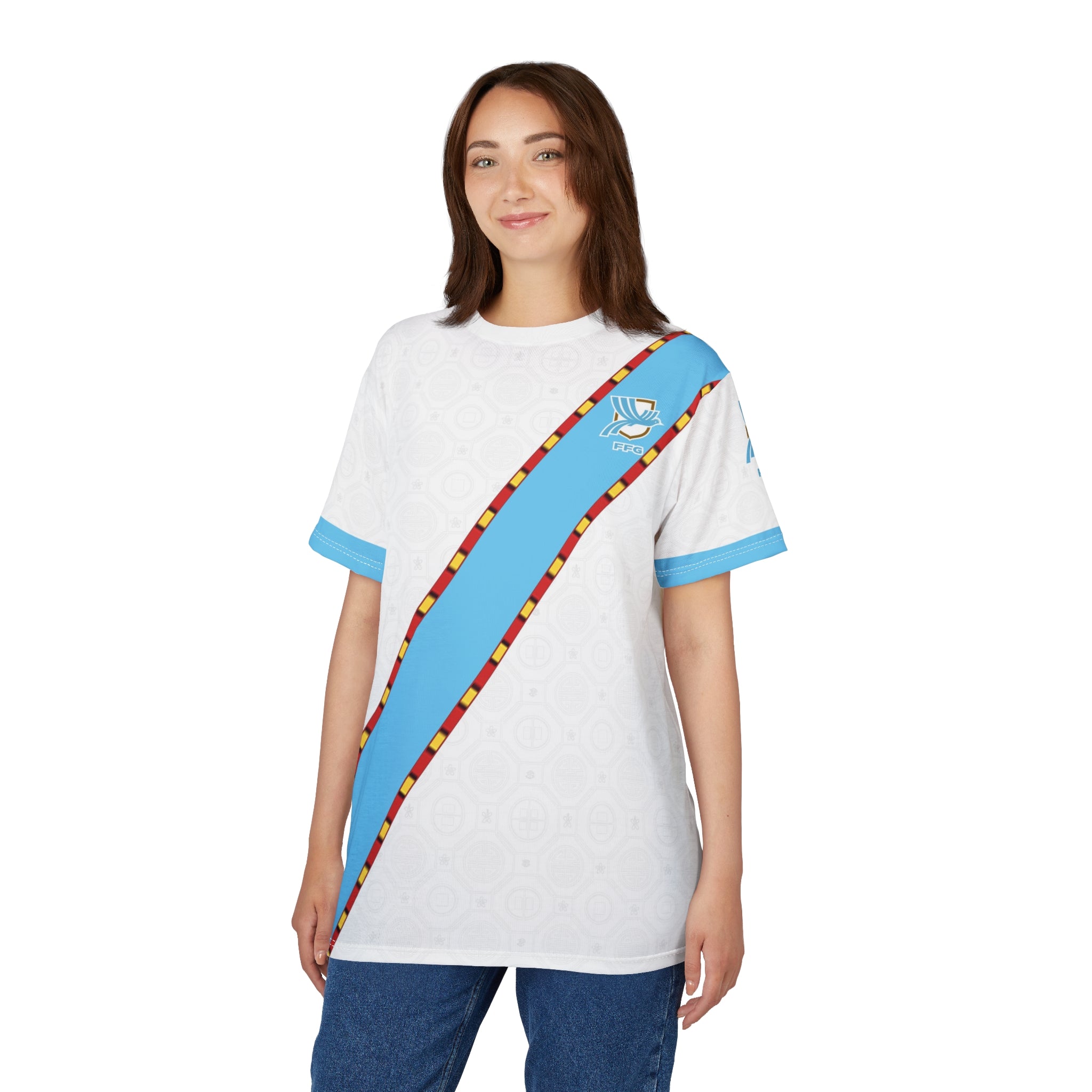 Woman wearing a white t-shirt with a colorful sash on a white background