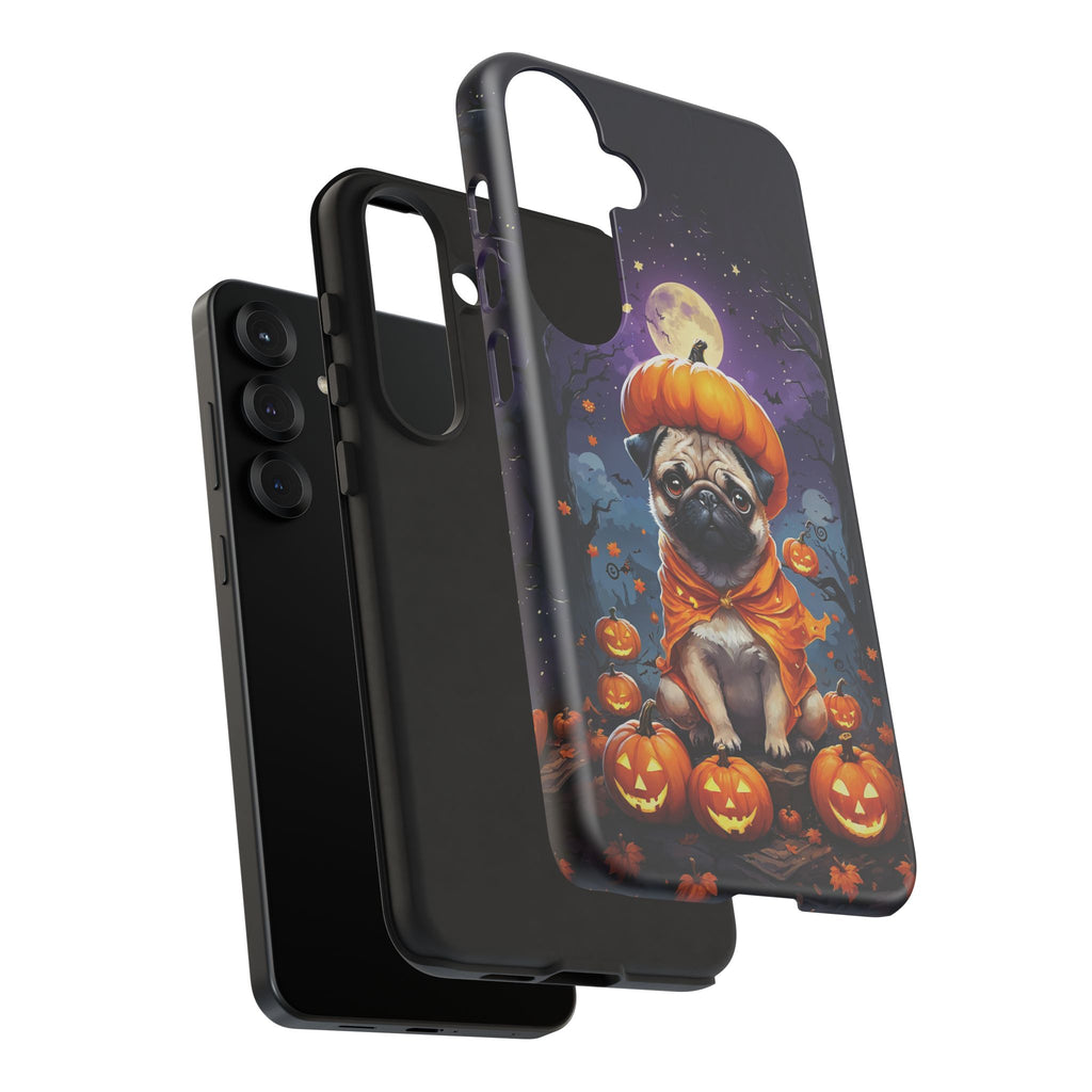 Black phone case with Halloween-themed design featuring a dog in a pumpkin costume and pumpkins on a dark background.