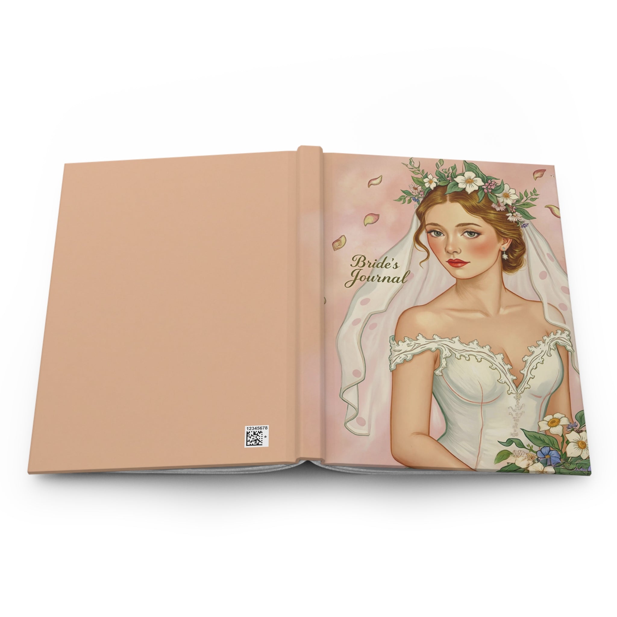 Open book with a bride illustration on the cover