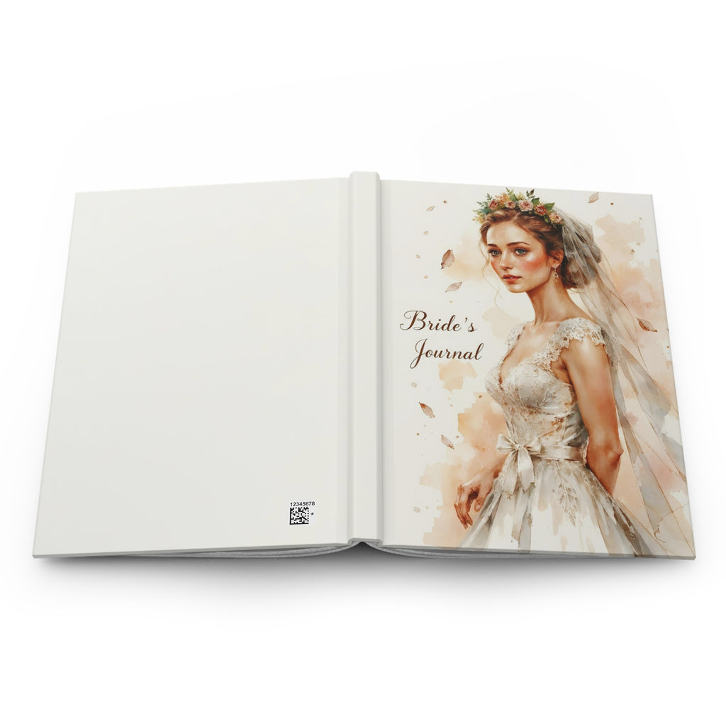 Open book titled 'Bride's Journal' with a illustration of a bride on the cover