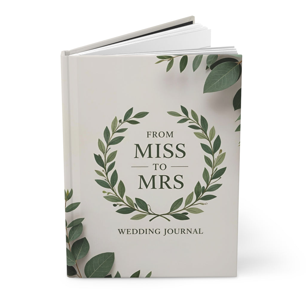 Wedding journal titled 'From Miss to Mrs' with green leaf design on a white background