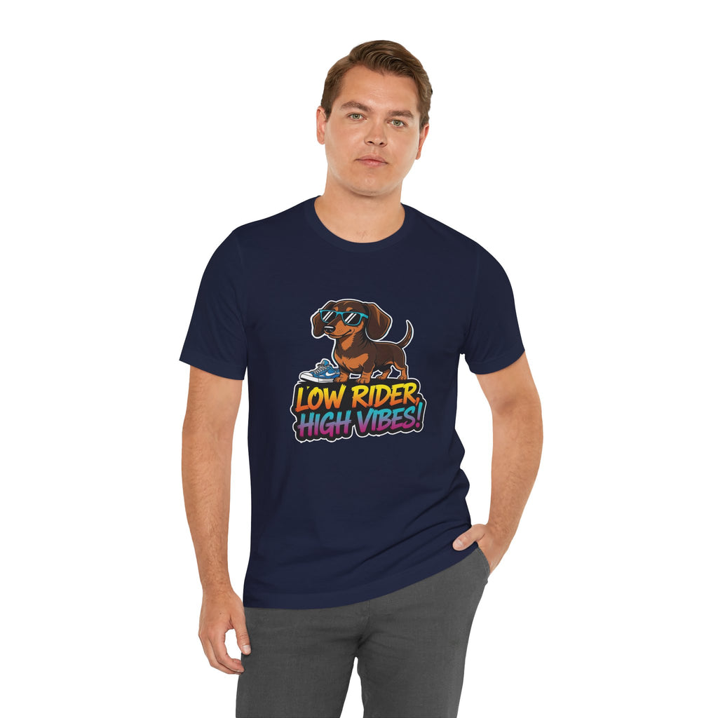 Man wearing a navy blue t-shirt with a dachshund graphic and text on a white background