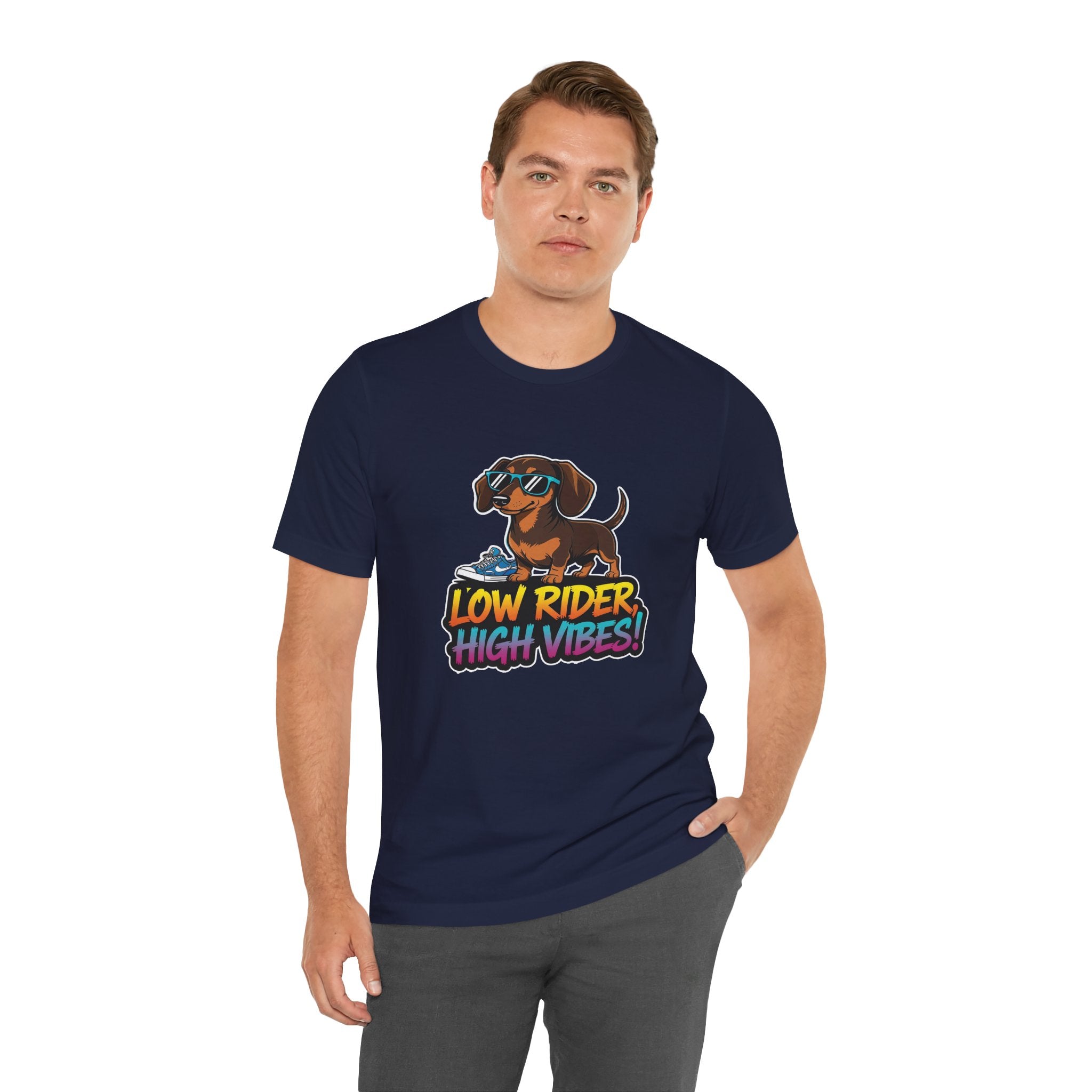 Man wearing a navy blue t-shirt with a dachshund graphic and text on a white background