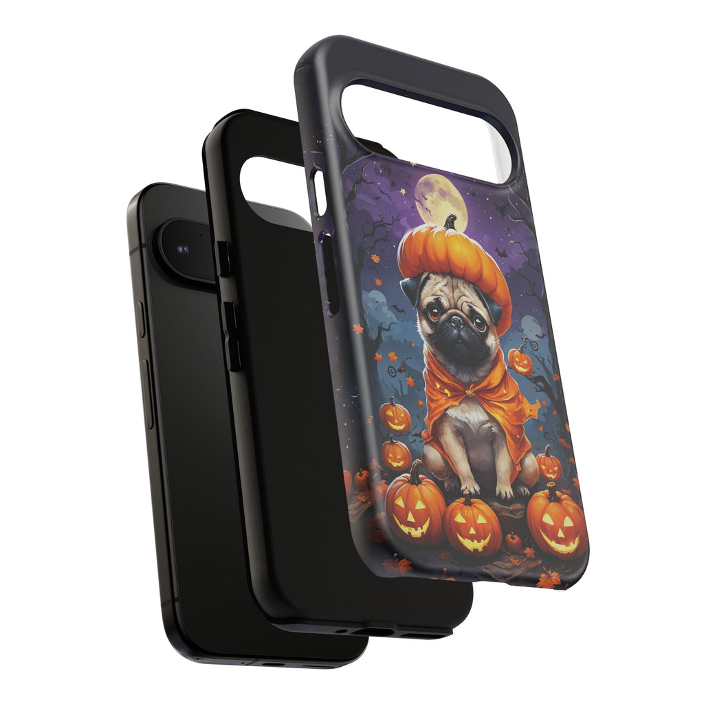 Halloween-themed phone case with a dog in an orange outfit and pumpkins on a white background