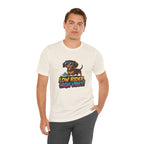 Man wearing a white t-shirt with a dachshund graphic and text 'Low Rider High Vibes' on a white background
