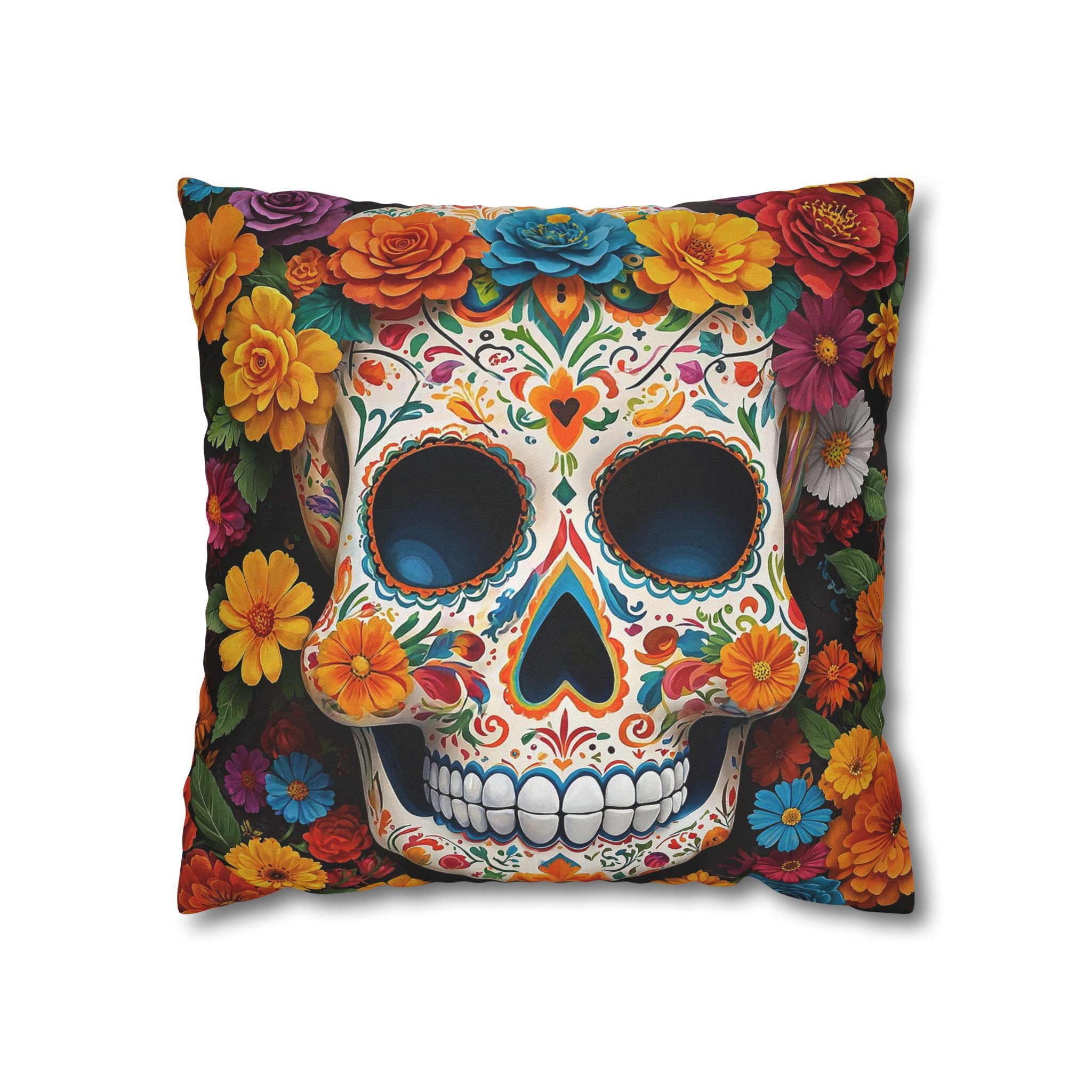 Decorative pillow with a colorful skull design and floral patterns 