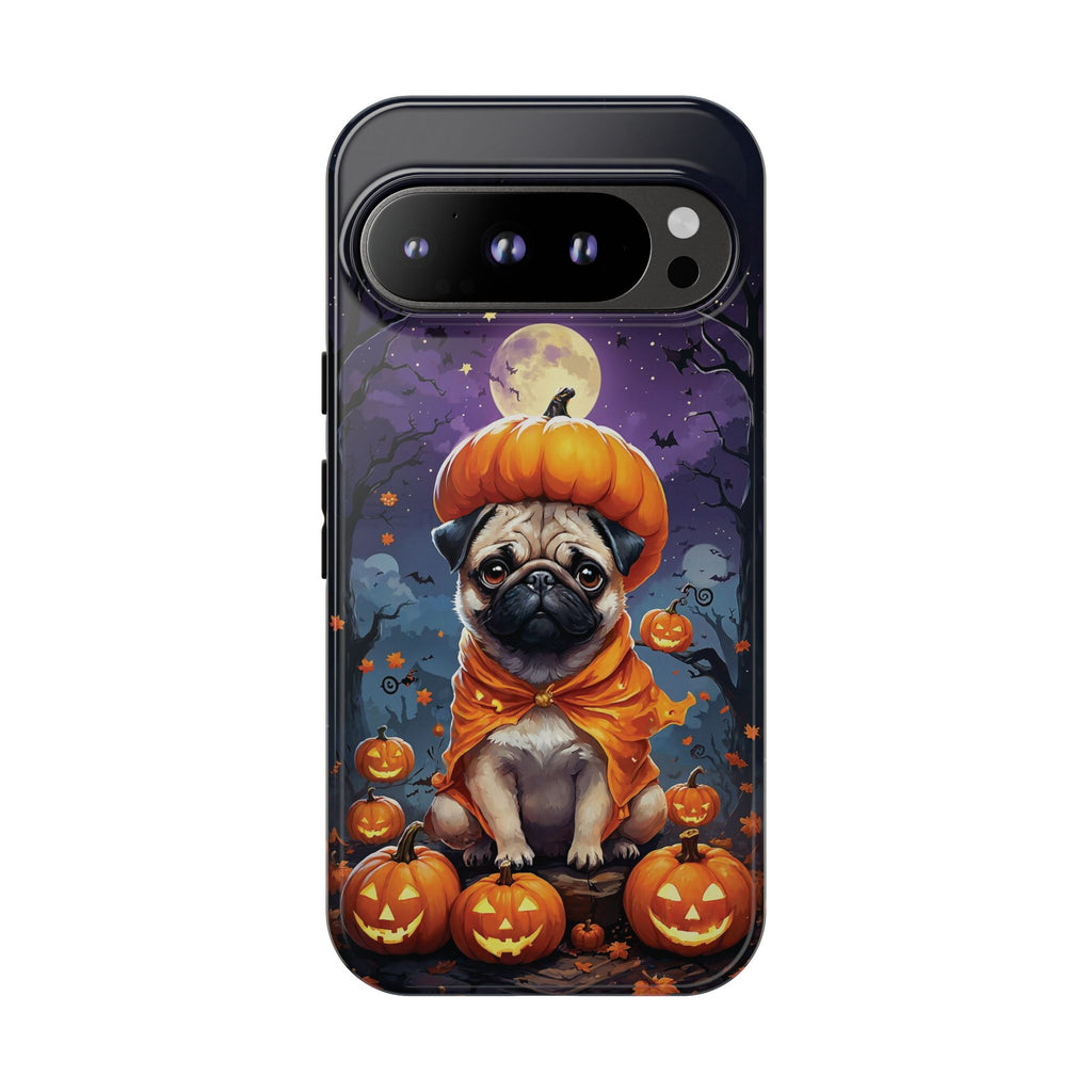 Phone case with a pug in an orange costume on pumpkins against a Halloween-themed background