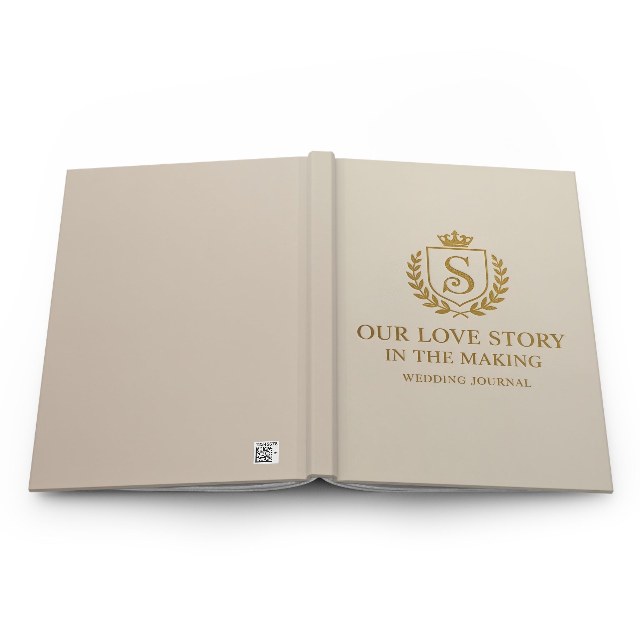 Open wedding journal with gold text and logo on beige pages