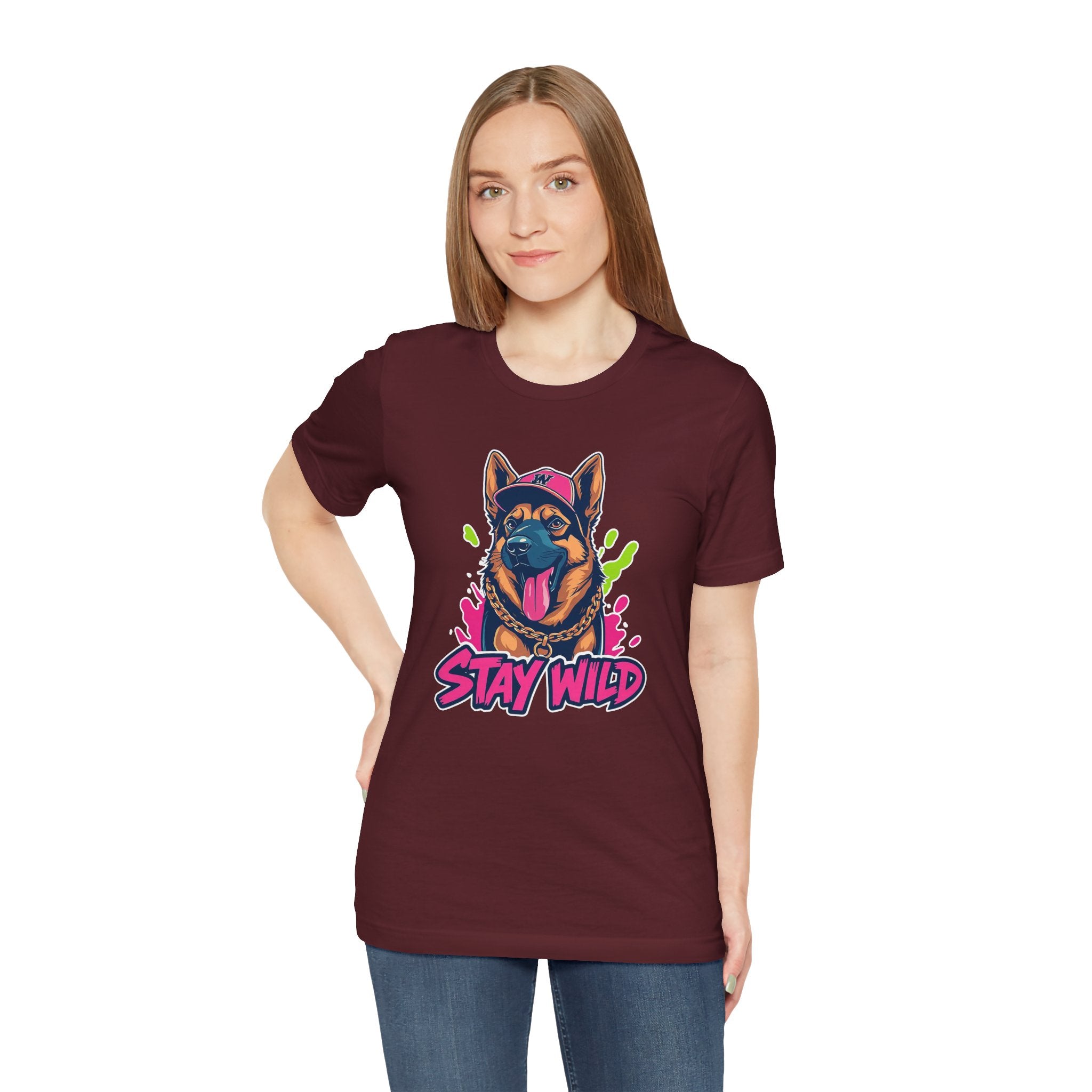 Woman wearing a maroon t-shirt with a dog graphic and 'Stay Wild' text on a white background