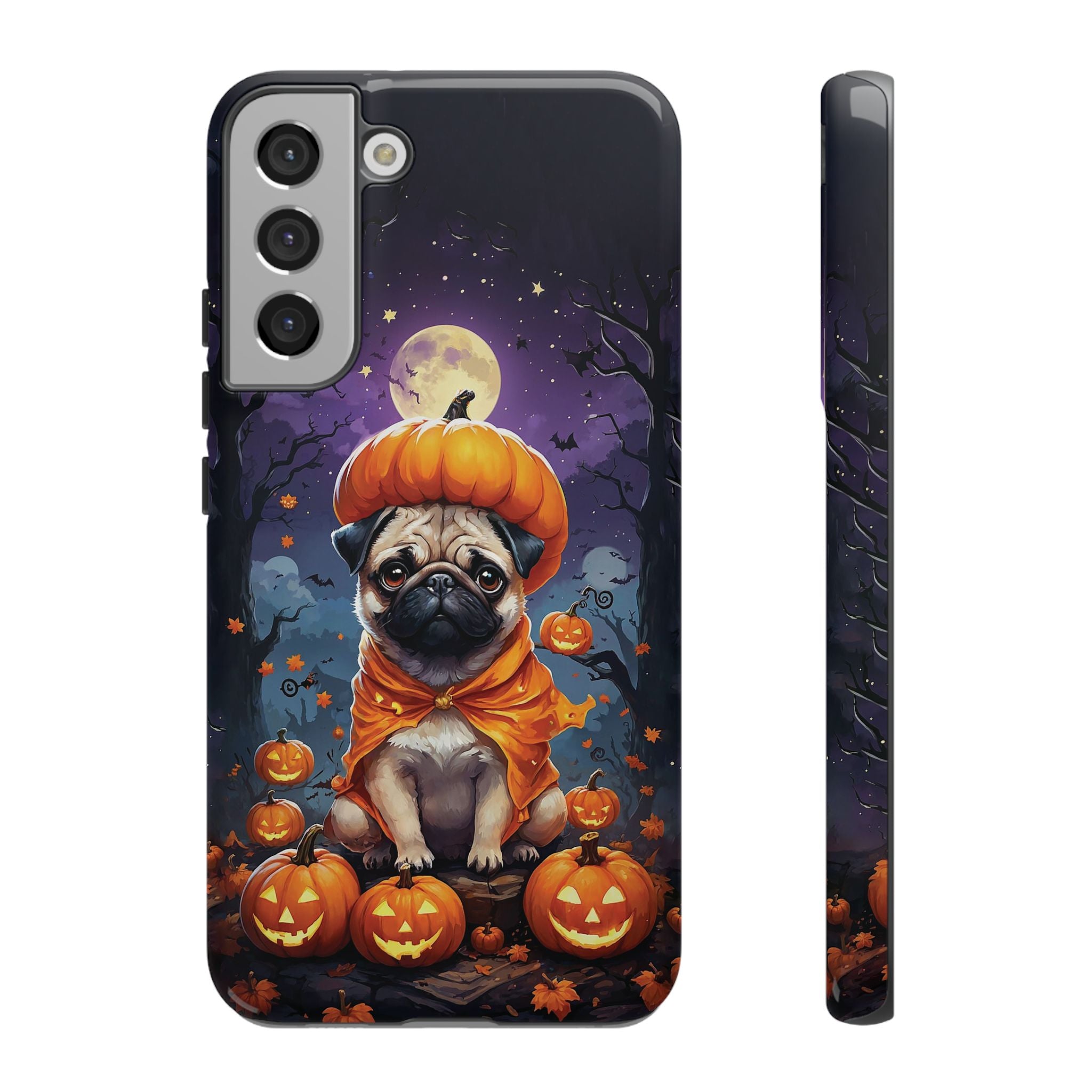 Phone case with a pug in a pumpkin costume on a Halloween-themed background