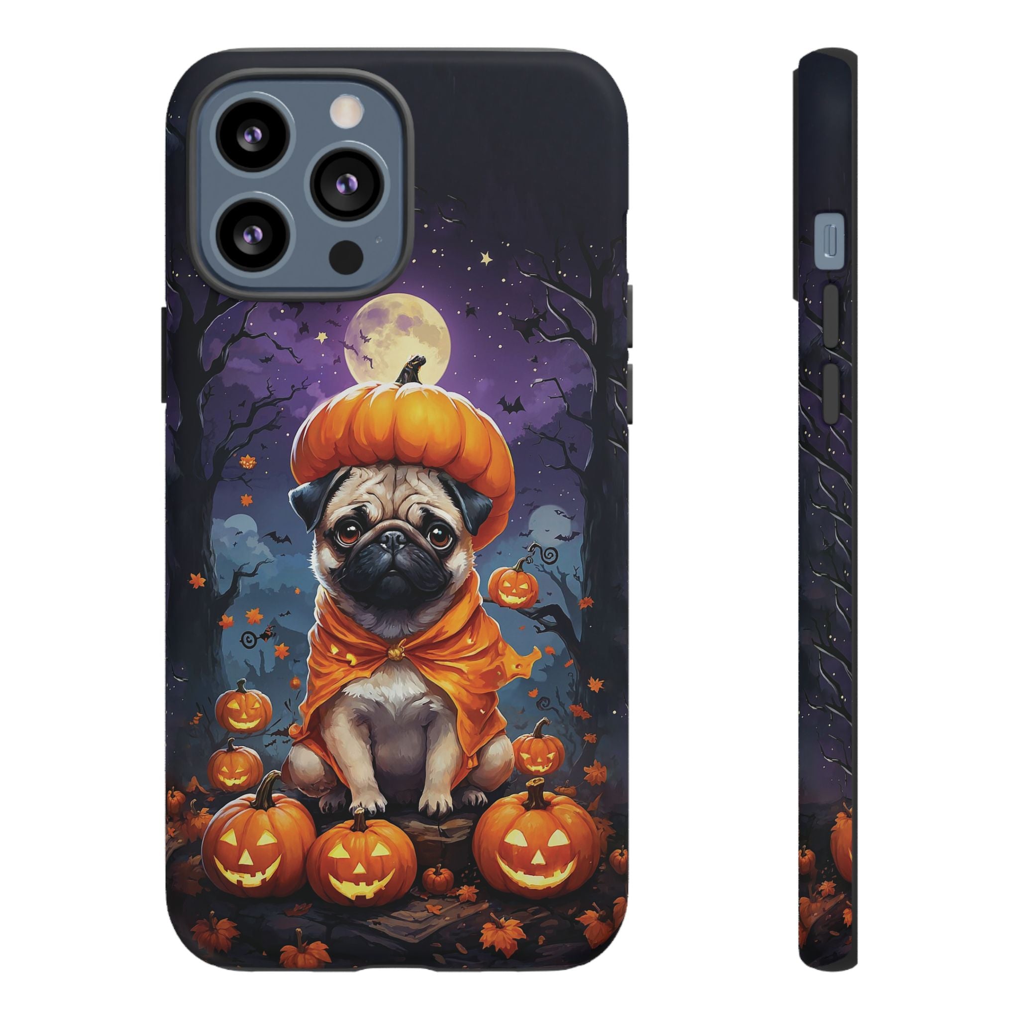 Phone case with a pug in a pumpkin costume surrounded by pumpkins and bats on a dark background