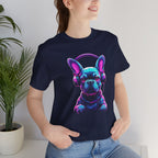 Person wearing a navy blue t-shirt with a colorful dog graphic and headphones.