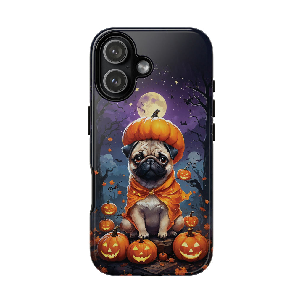 Phone case with a pug in a pumpkin costume on a Halloween-themed background