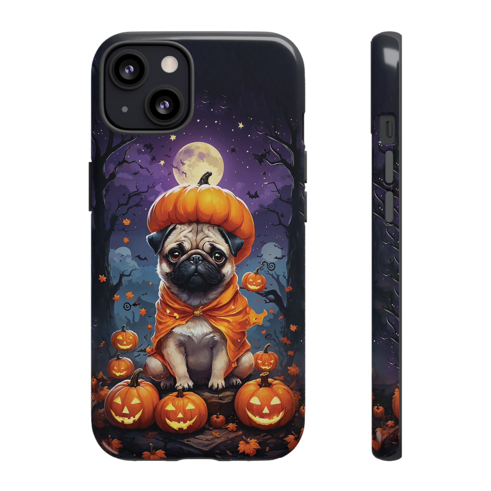 Phone case with a pug in a pumpkin costume on a Halloween-themed background