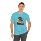 Man wearing a blue t-shirt with a dachshund graphic and text 'Low Rider High Vibes' on a white background