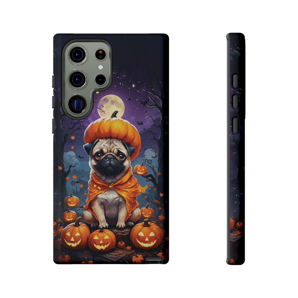 Phone case with a pug in an orange costume sitting on pumpkins against a Halloween-themed background